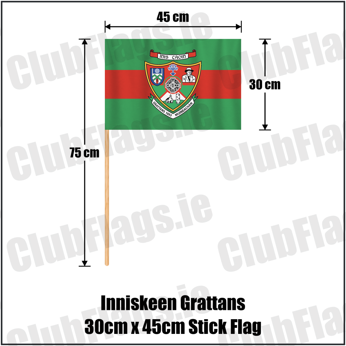 Inniskeen Grattans 30cm x 45cm Stick Flag, featuring the club crest and green and red colours; County Monaghan GAA. ClubFlags.ie.