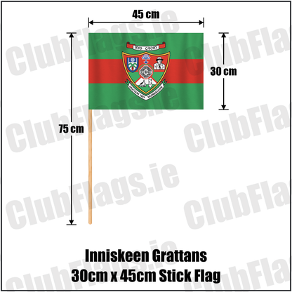 Inniskeen Grattans 30cm x 45cm Stick Flag, featuring the club crest and green and red colours; County Monaghan GAA. ClubFlags.ie.