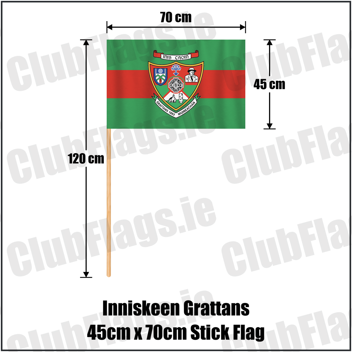 Inniskeen Grattans 45cm x 70cm Stick Flag, featuring the club crest and green and red colours; County Monaghan GAA. ClubFlags.ie.
