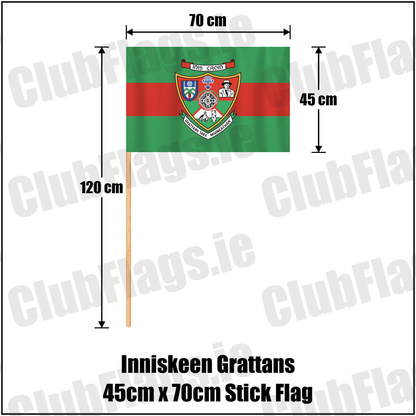 Inniskeen Grattans 45cm x 70cm Stick Flag, featuring the club crest and green and red colours; County Monaghan GAA. ClubFlags.ie.