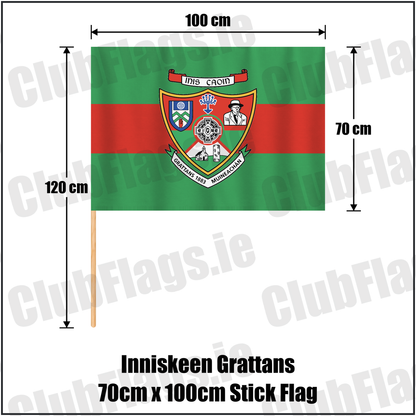 Inniskeen Grattans 70cm x 100cm Stick Flag, featuring the club crest and green and red colours; County Monaghan GAA. ClubFlags.ie.