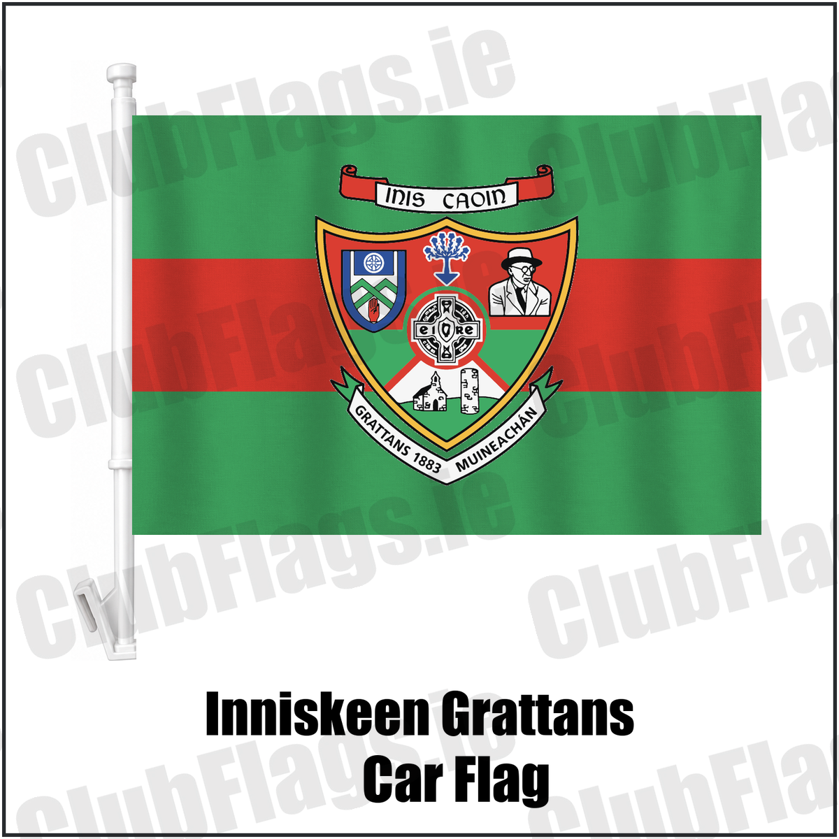 Inniskeen Grattans Car Flag, featuring the club crest and green and red colours; County Monaghan GAA. ClubFlags.ie.
