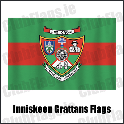 Inniskeen Grattans Flags, featuring the club crest and green and red colours; County Monaghan GAA. ClubFlags.ie.