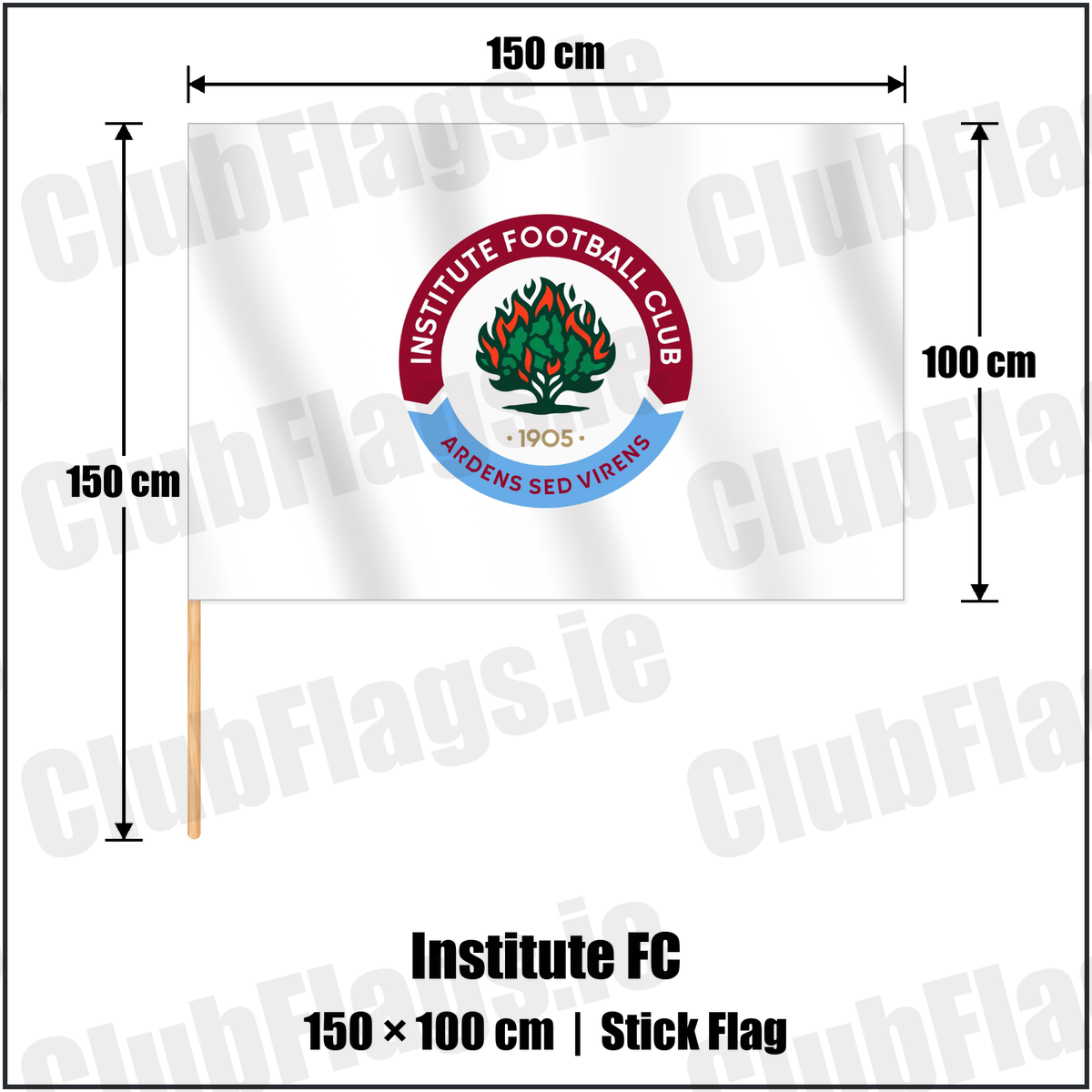 Institute FC 100cm x 150cm Stick Flag with the club crest and colours, Derry Football - ClubFlags.ie