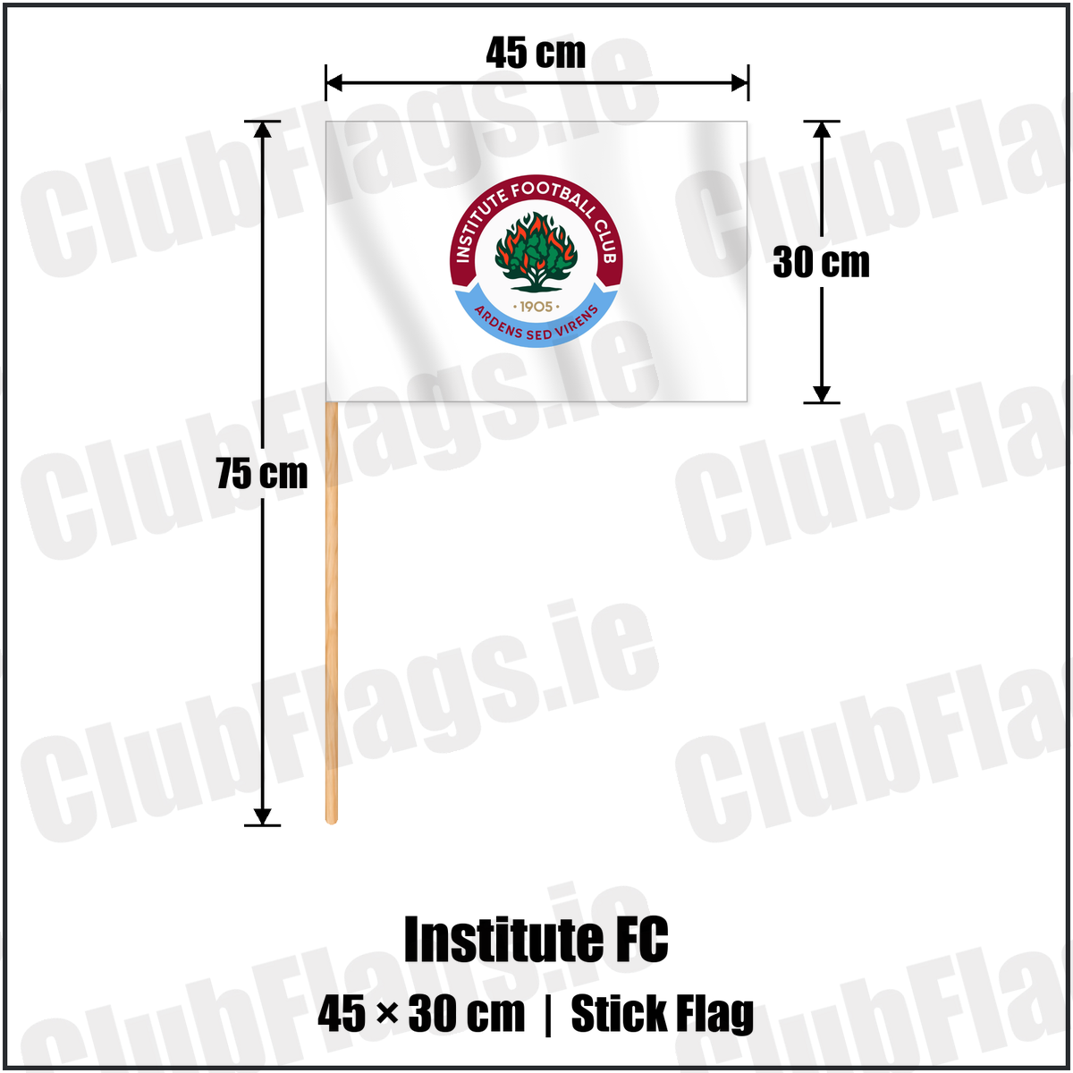Institute FC 30cm x 45cm Stick Flag with the club crest and colours, Derry Football - ClubFlags.ie