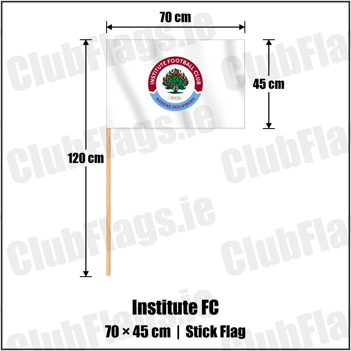 Institute FC 45cm x 70cm Stick Flag with the club crest and colours, Derry Football - ClubFlags.ie