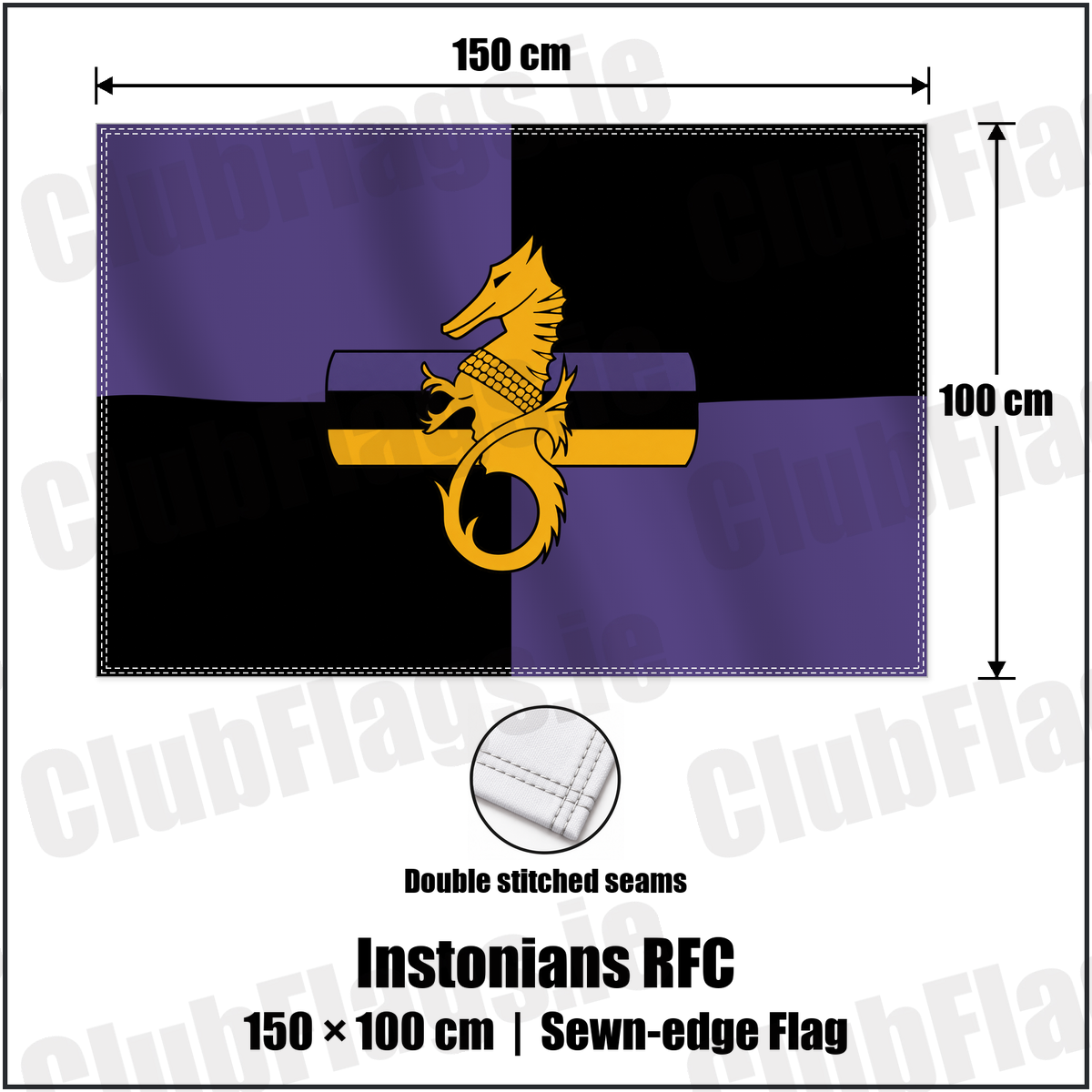 Instonians RFC 100cm x 150cm Flag (sewn on the edges) with the club crest and colours, Down Rugby - ClubFlags.ie