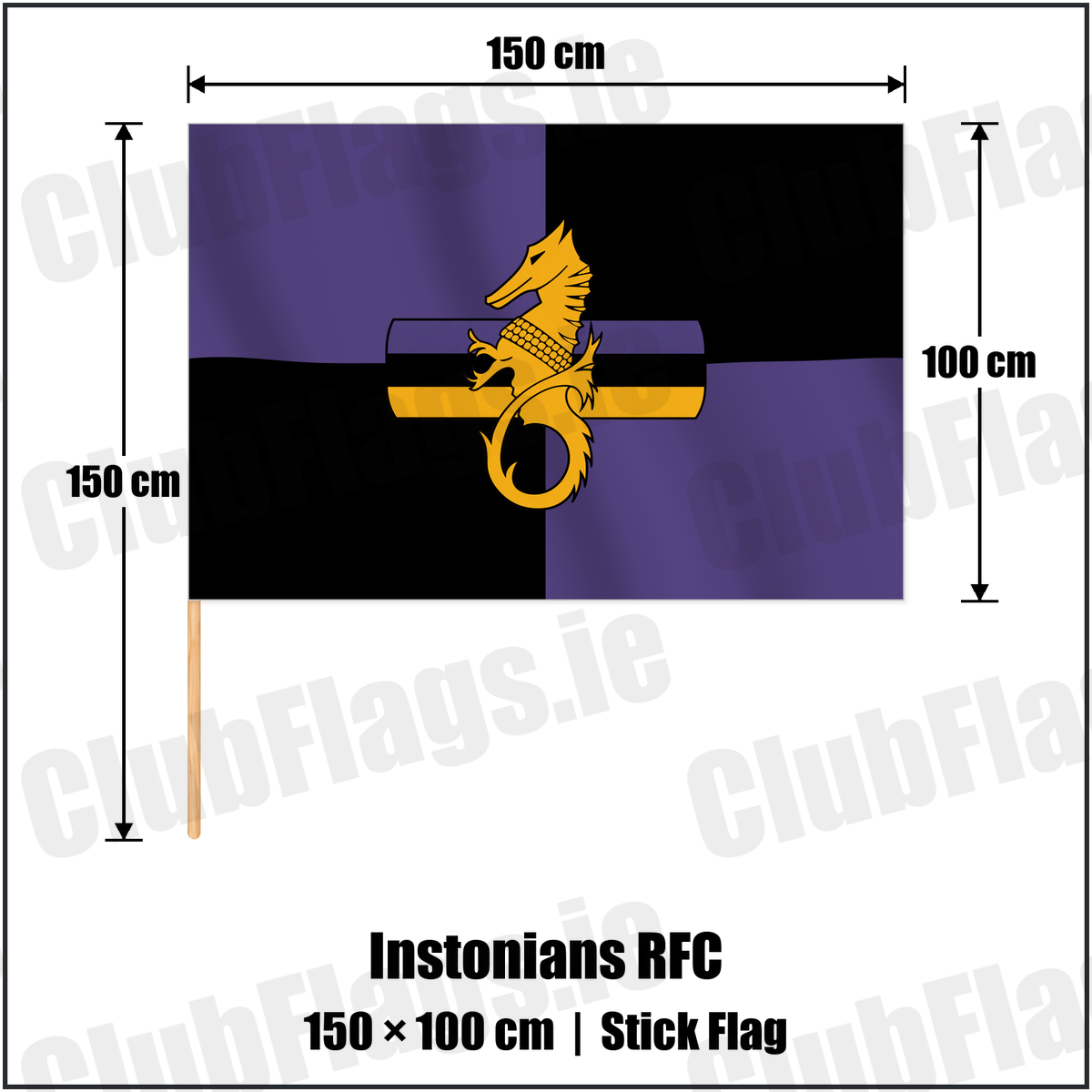 Instonians RFC 100cm x 150cm Stick Flag with the club crest and colours, Down Rugby - ClubFlags.ie