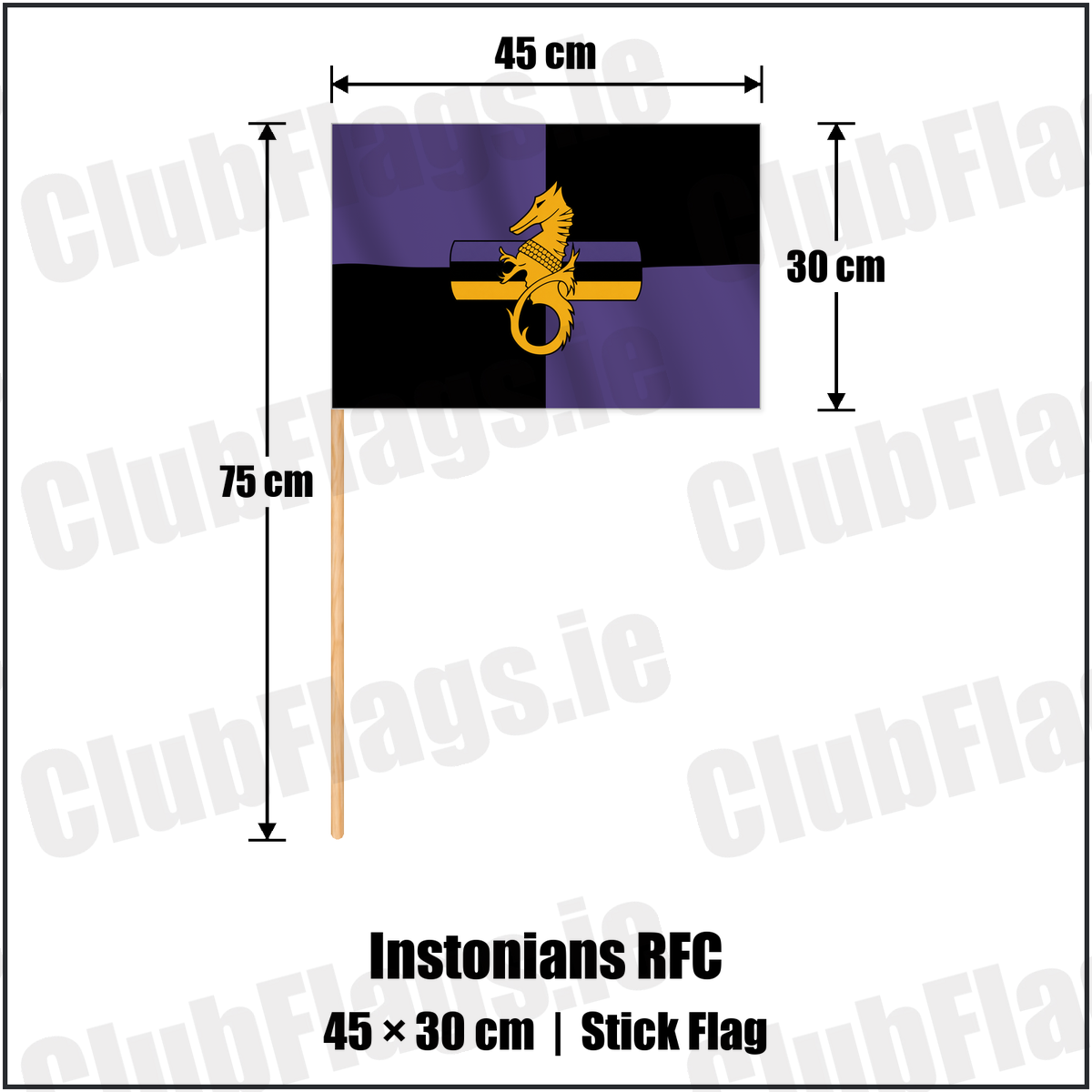 Instonians RFC 30cm x 45cm Stick Flag with the club crest and colours, Down Rugby - ClubFlags.ie