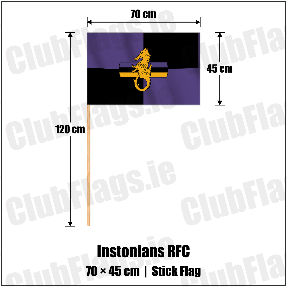 Instonians RFC 45cm x 70cm Stick Flag with the club crest and colours, Down Rugby - ClubFlags.ie