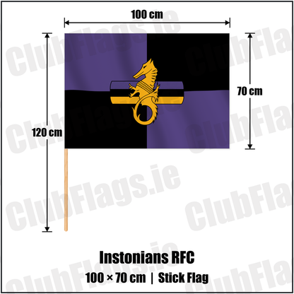 Instonians RFC 70cm x 100cm Stick Flag with the club crest and colours, Down Rugby - ClubFlags.ie