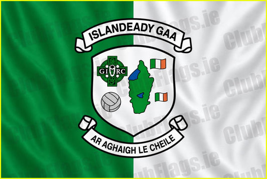 Islandeady GAA green and white flag with club crest
