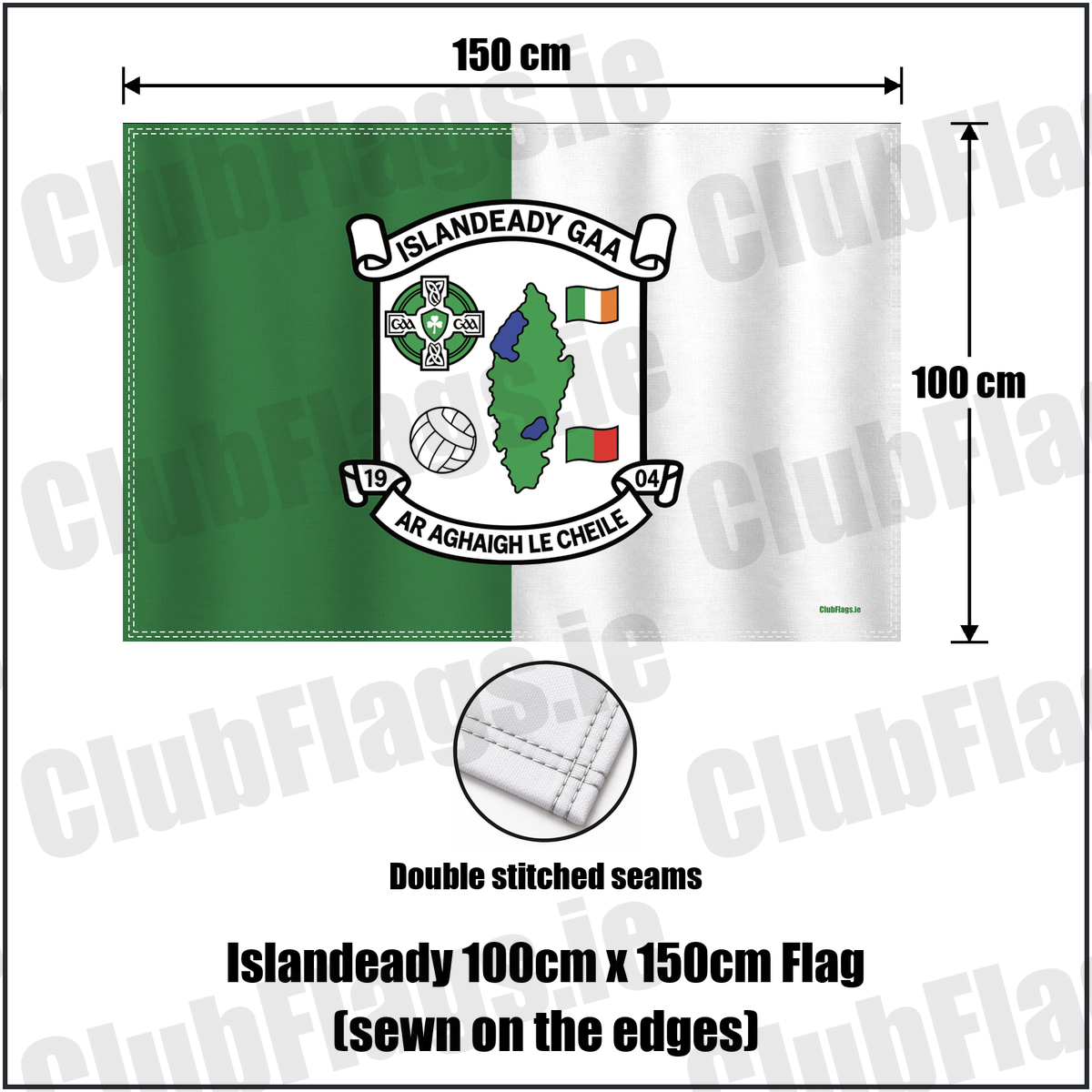 Islandeady 100cm x 150cm Flag (sewn on the edges), featuring the club crest and green and white colours; County Mayo GAA. ClubFlags.ie.