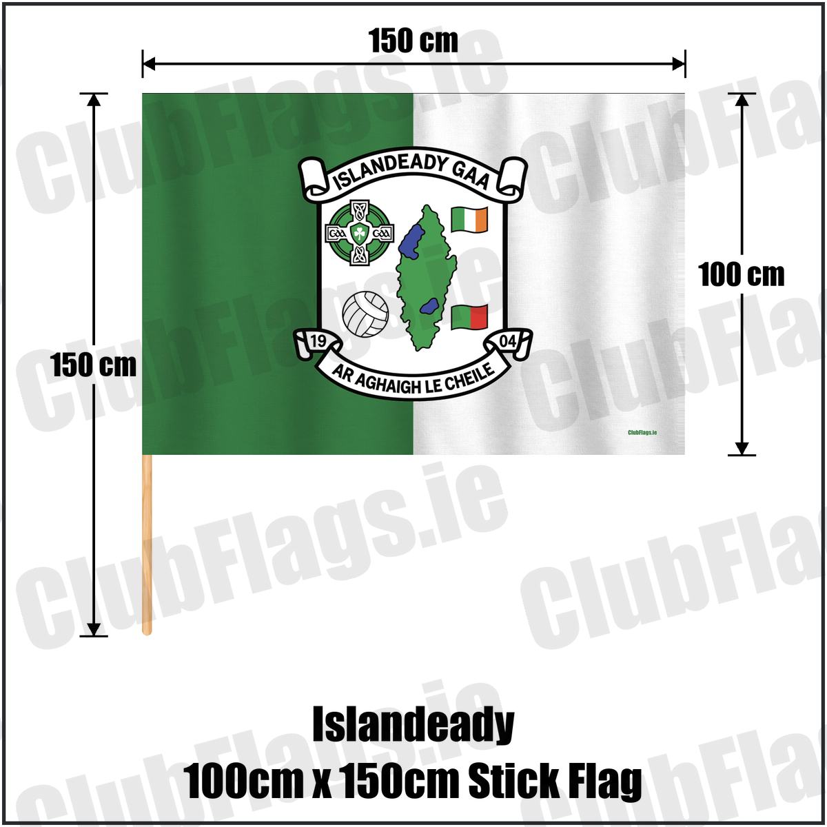 Islandeady 100cm x 150cm Stick Flag, featuring the club crest and green and white colours; County Mayo GAA. ClubFlags.ie.