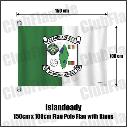 Islandeady 150cm x 100cm Flag Pole Flag with Rings, featuring the club crest and green and white colours; County Mayo GAA. ClubFlags.ie.