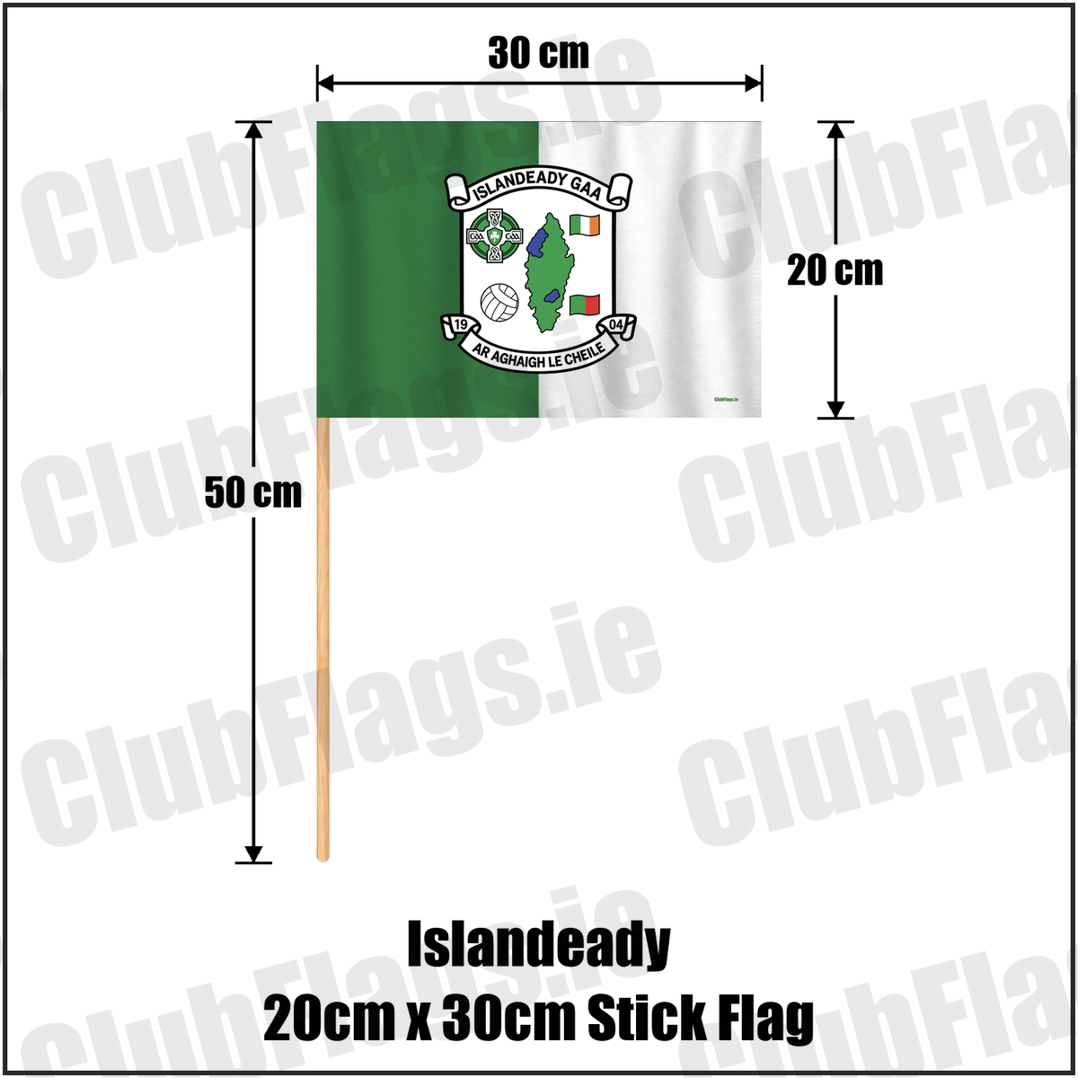 Islandeady 20cm x 30cm Stick Flag, featuring the club crest and green and white colours; County Mayo GAA. ClubFlags.ie.