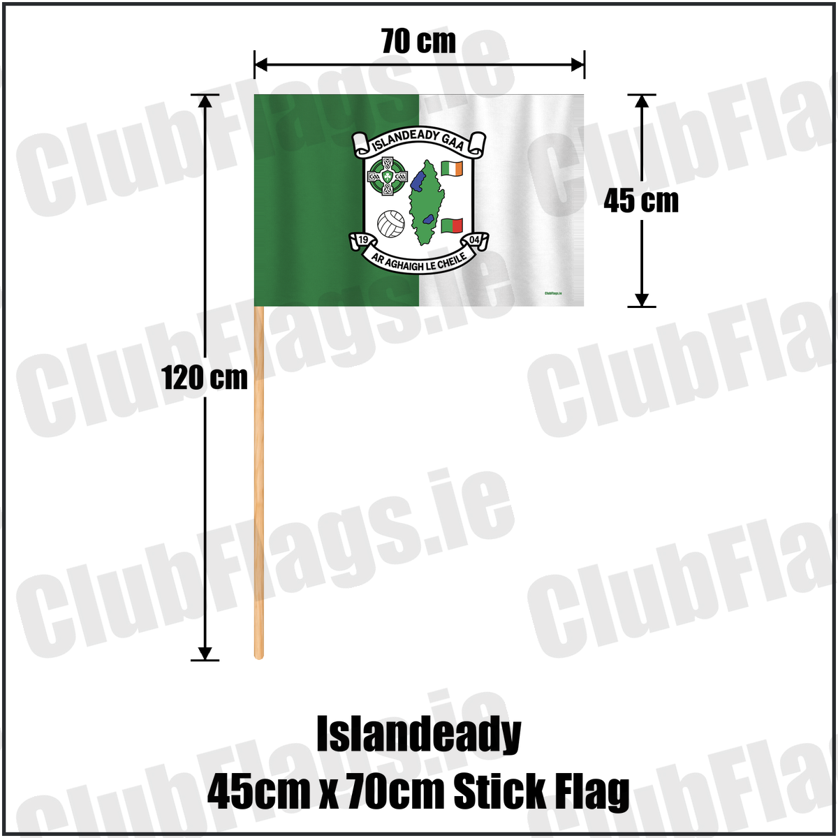 Islandeady 45cm x 70cm Stick Flag, featuring the club crest and green and white colours; County Mayo GAA. ClubFlags.ie.