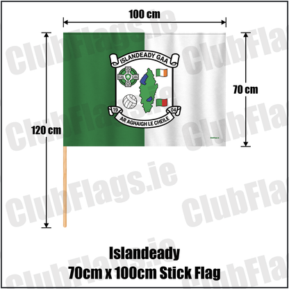 Islandeady 70cm x 100cm Stick Flag, featuring the club crest and green and white colours; County Mayo GAA. ClubFlags.ie.