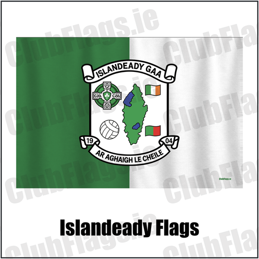 Islandeady Flags, featuring the club crest and green and white colours; County Mayo GAA. ClubFlags.ie.