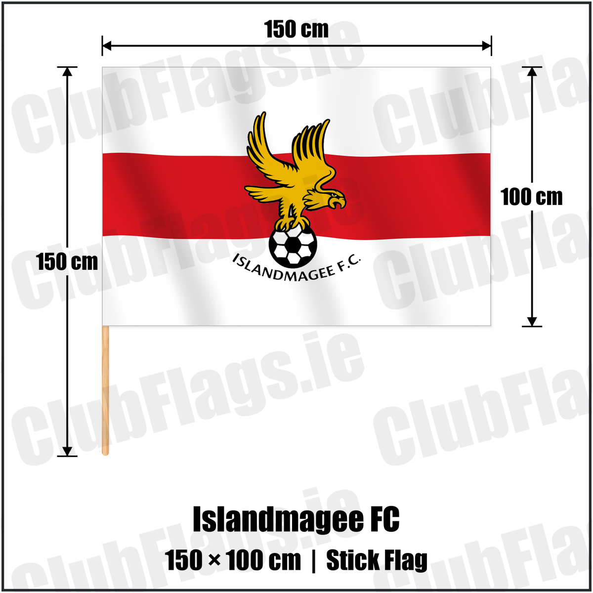 Islandmagee FC 100cm x 150cm Stick Flag with the club crest and colours, Antrim Football - ClubFlags.ie
