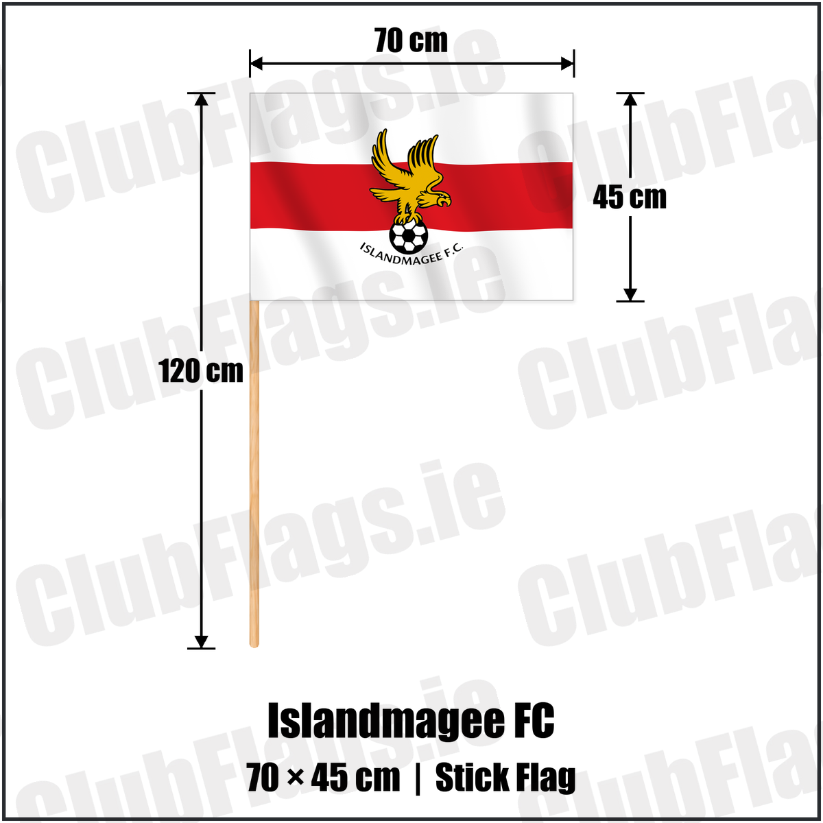 Islandmagee FC 45cm x 70cm Stick Flag with the club crest and colours, Antrim Football - ClubFlags.ie