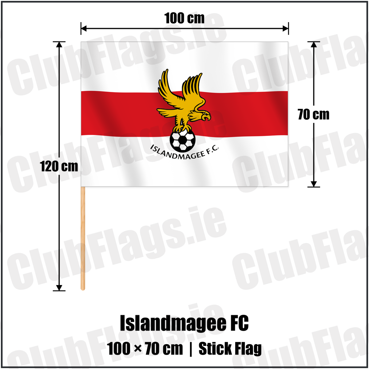 Islandmagee FC 70cm x 100cm Stick Flag with the club crest and colours, Antrim Football - ClubFlags.ie