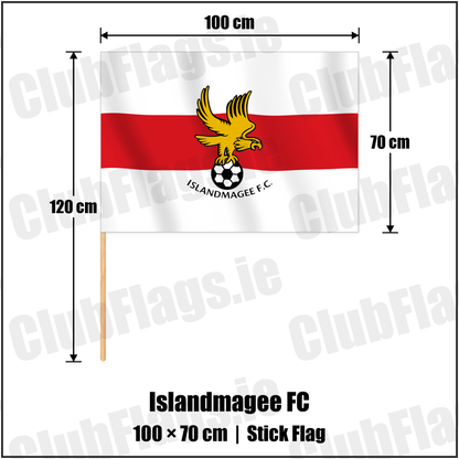 Islandmagee FC 70cm x 100cm Stick Flag with the club crest and colours, Antrim Football - ClubFlags.ie