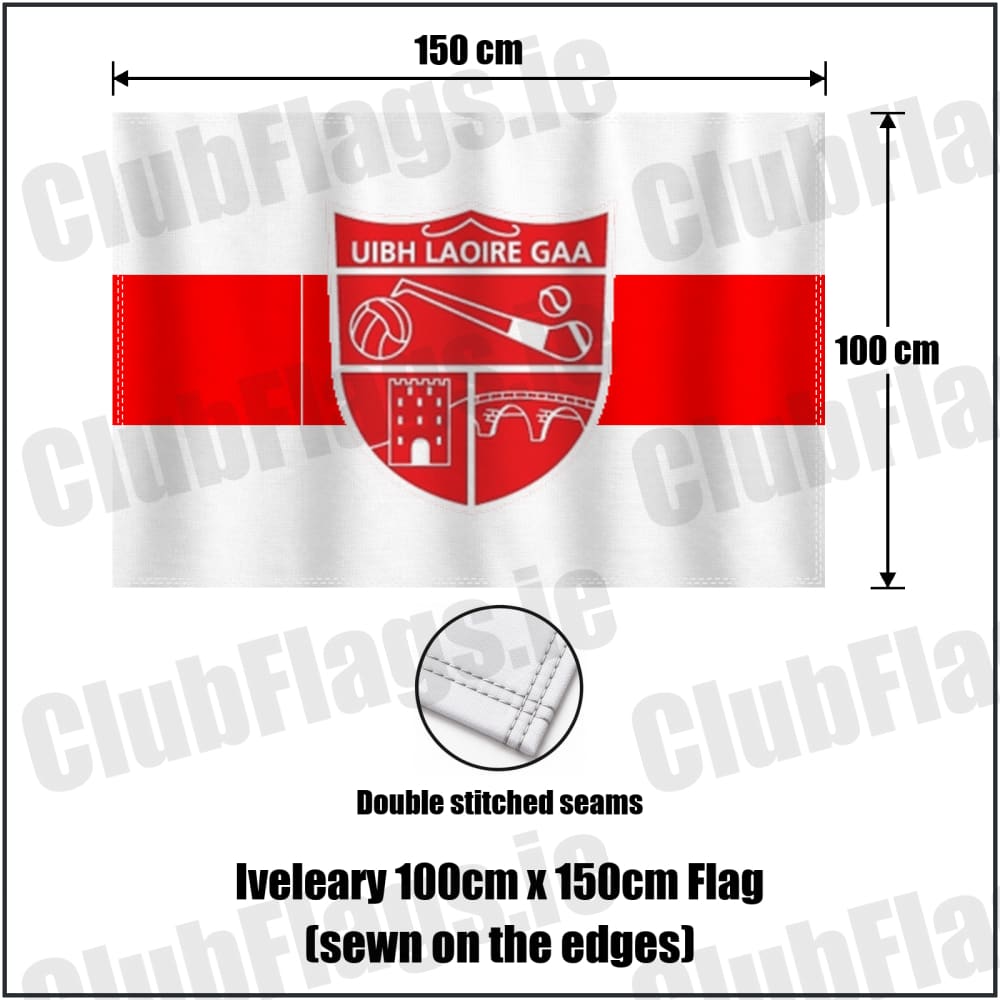 Iveleary 100cm x 150cm Flag (sewn on the edges) in red and white, featuring the club crest on realistic fabric with gentle vertical folds; County Cork GAA. ClubFlags.ie.