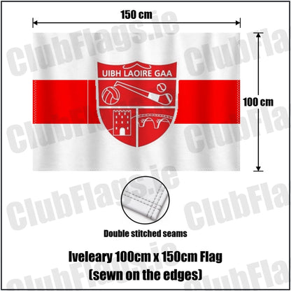Iveleary 100cm x 150cm Flag (sewn on the edges) in red and white, featuring the club crest on realistic fabric with gentle vertical folds; County Cork GAA. ClubFlags.ie.