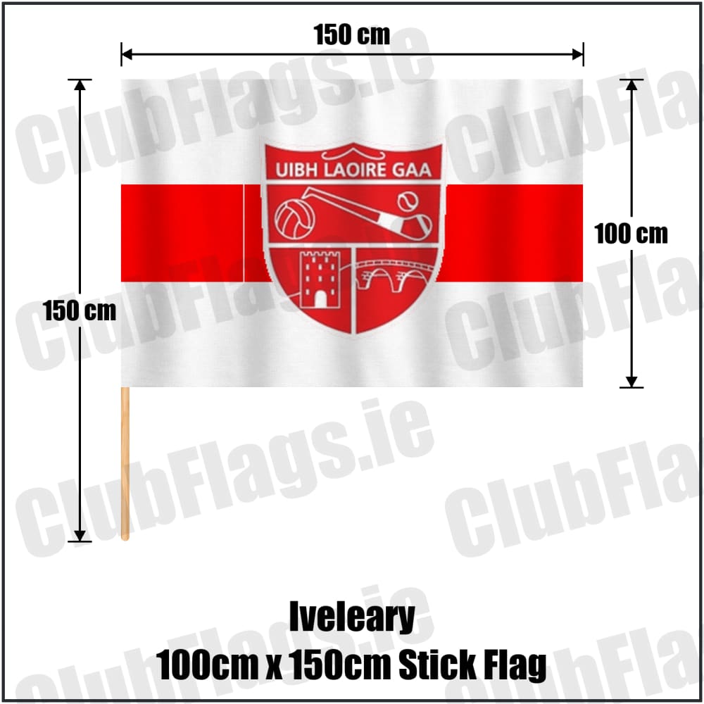 Iveleary 100cm x 150cm Stick Flag in red and white, featuring the club crest on realistic fabric with gentle vertical folds; County Cork GAA. ClubFlags.ie.