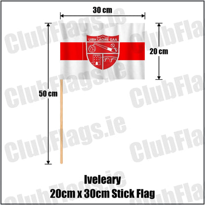 Iveleary 20cm x 30cm Stick Flag in red and white, featuring the club crest on realistic fabric with gentle vertical folds; County Cork GAA. ClubFlags.ie.