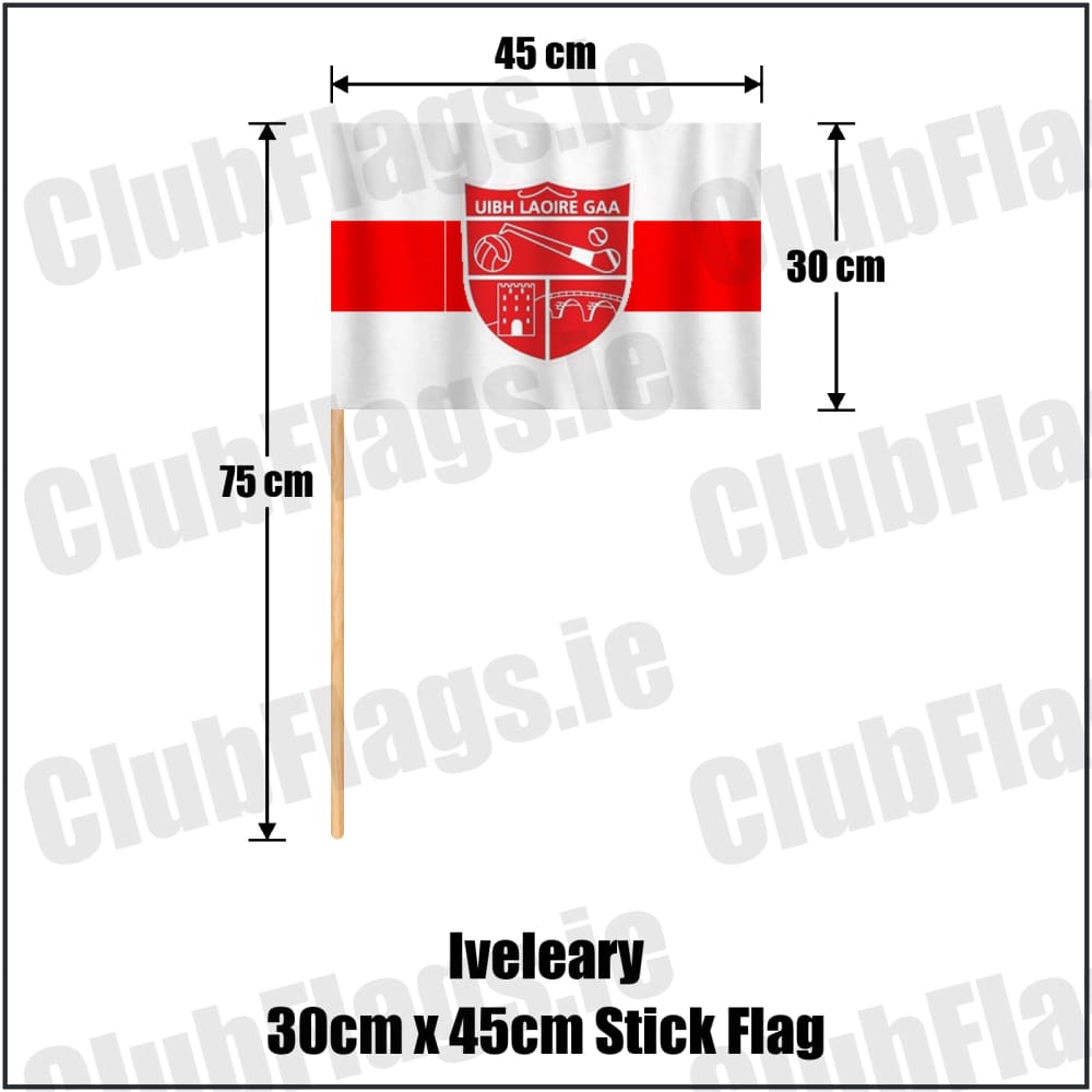 Iveleary 30cm x 45cm Stick Flag in red and white, featuring the club crest on realistic fabric with gentle vertical folds; County Cork GAA. ClubFlags.ie.