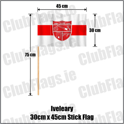 Iveleary 30cm x 45cm Stick Flag in red and white, featuring the club crest on realistic fabric with gentle vertical folds; County Cork GAA. ClubFlags.ie.