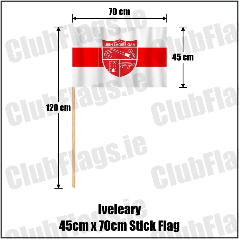 Iveleary 45cm x 70cm Stick Flag in red and white, featuring the club crest on realistic fabric with gentle vertical folds; County Cork GAA. ClubFlags.ie.
