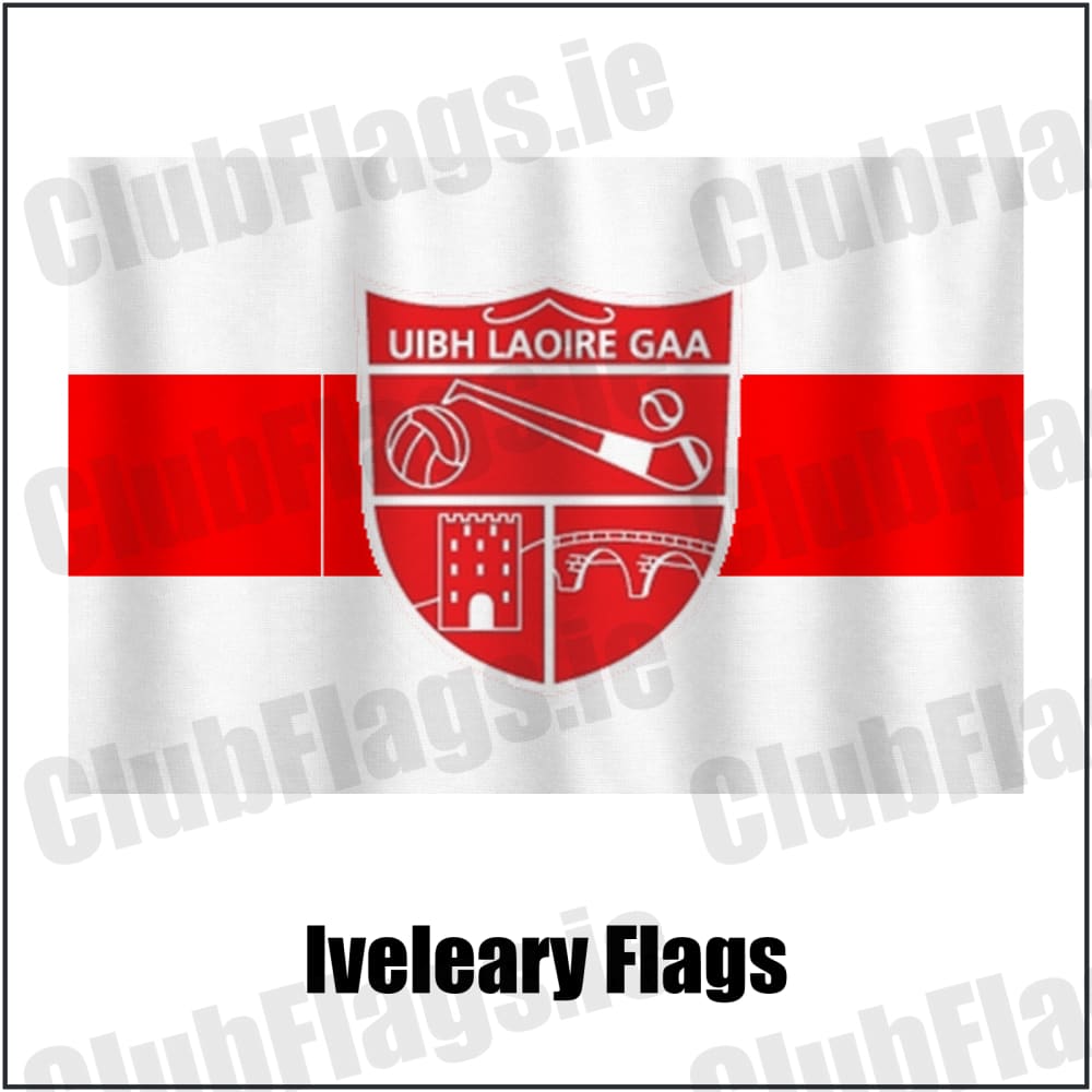 Iveleary Flags in red and white, featuring the club crest on realistic fabric with gentle vertical folds; County Cork GAA. ClubFlags.ie.