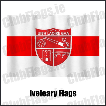 Iveleary Flags in red and white, featuring the club crest on realistic fabric with gentle vertical folds; County Cork GAA. ClubFlags.ie.