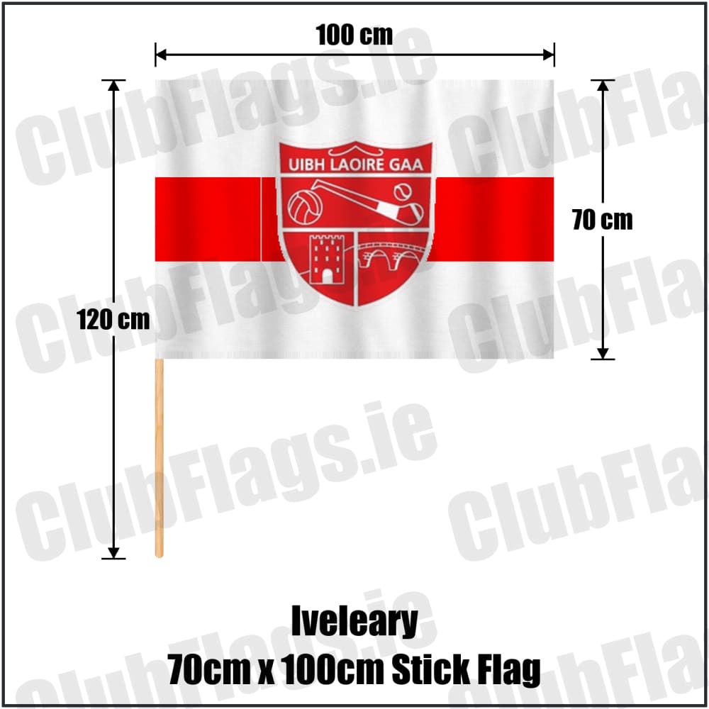 Iveleary 70cm x 100cm Stick Flag in red and white, featuring the club crest on realistic fabric with gentle vertical folds; County Cork GAA. ClubFlags.ie.