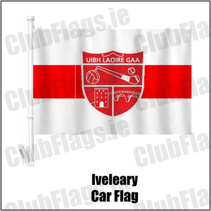 Iveleary Car Flag in red and white, featuring the club crest on realistic fabric with gentle vertical folds; County Cork GAA. ClubFlags.ie.
