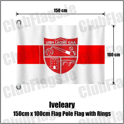 Iveleary 150cm x 100cm Flag Pole Flag with Rings in red and white, featuring the club crest on realistic fabric with gentle vertical folds; County Cork GAA. ClubFlags.ie.