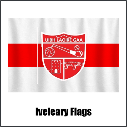 Iveleary Flags, featuring the club crest and red and white colours; County Cork GAA. ClubFlags.ie.