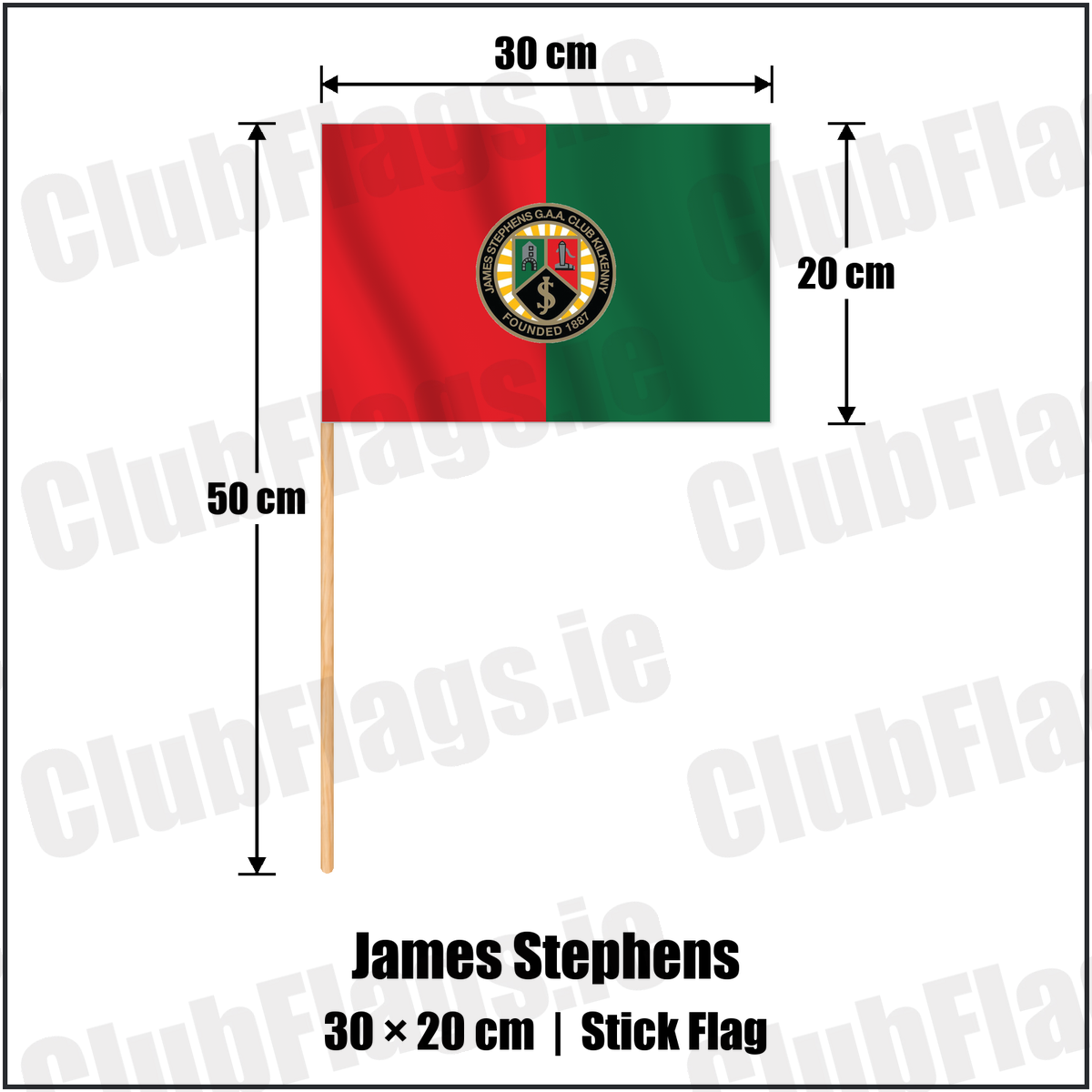 James Stephens 20cm x 30cm Stick Flag with the club crest and colours, Kilkenny GAA - ClubFlags.ie