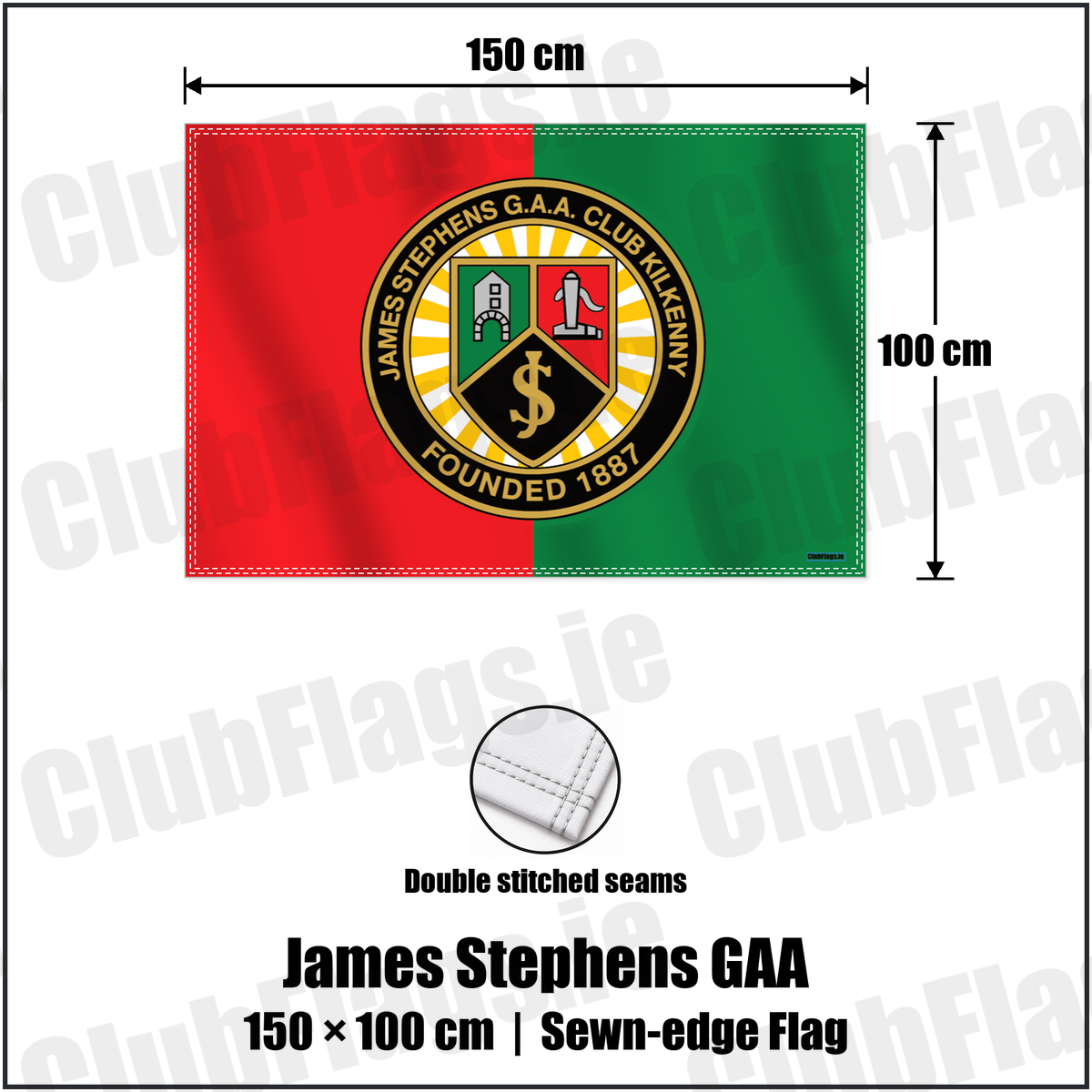 James Stephens GAA 100cm x 150cm Flag (sewn on the edges) with the verified club crest and colours, Kilkenny GAA - ClubFlags.ie