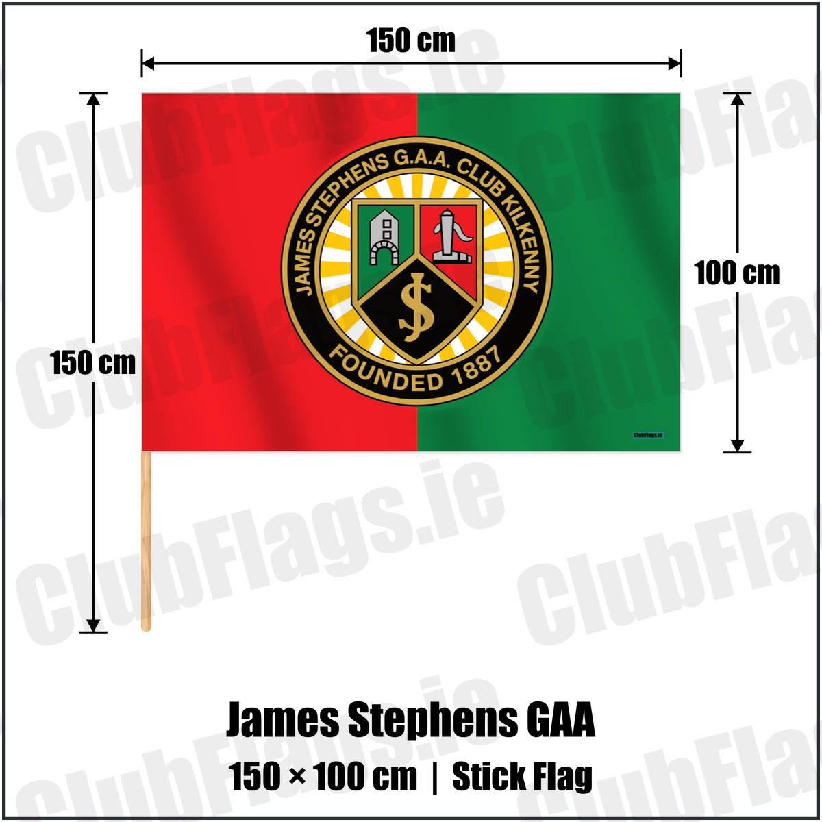 James Stephens GAA 100cm x 150cm Stick Flag with the verified club crest and colours, Kilkenny GAA - ClubFlags.ie