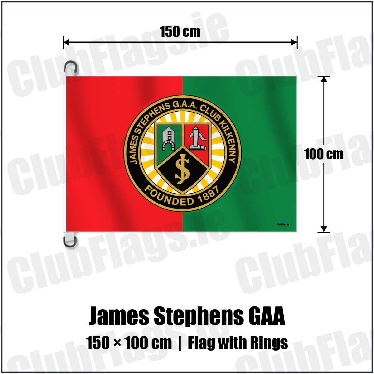 James Stephens GAA 150cm x 100cm Flag Pole Flag with Rings with the verified club crest and colours, Kilkenny GAA - ClubFlags.ie