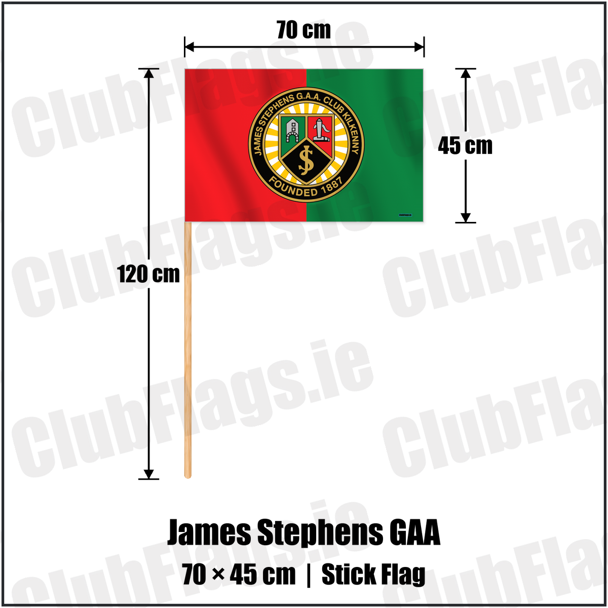 James Stephens GAA 45cm x 70cm Stick Flag with the verified club crest and colours, Kilkenny GAA - ClubFlags.ie