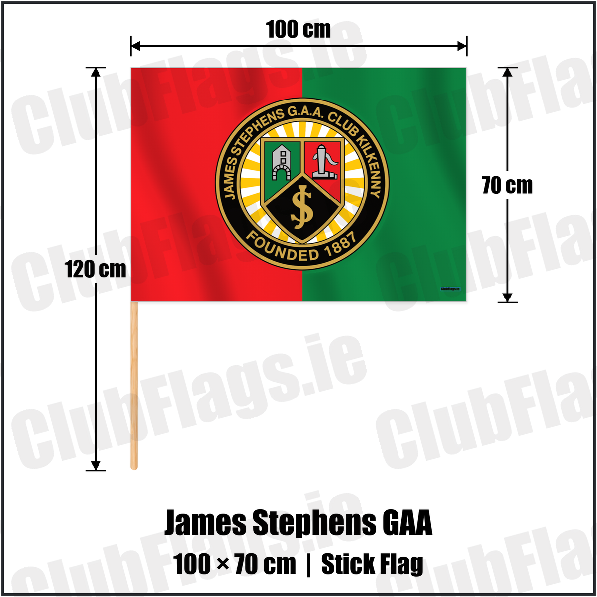 James Stephens GAA 70cm x 100cm Stick Flag with the verified club crest and colours, Kilkenny GAA - ClubFlags.ie