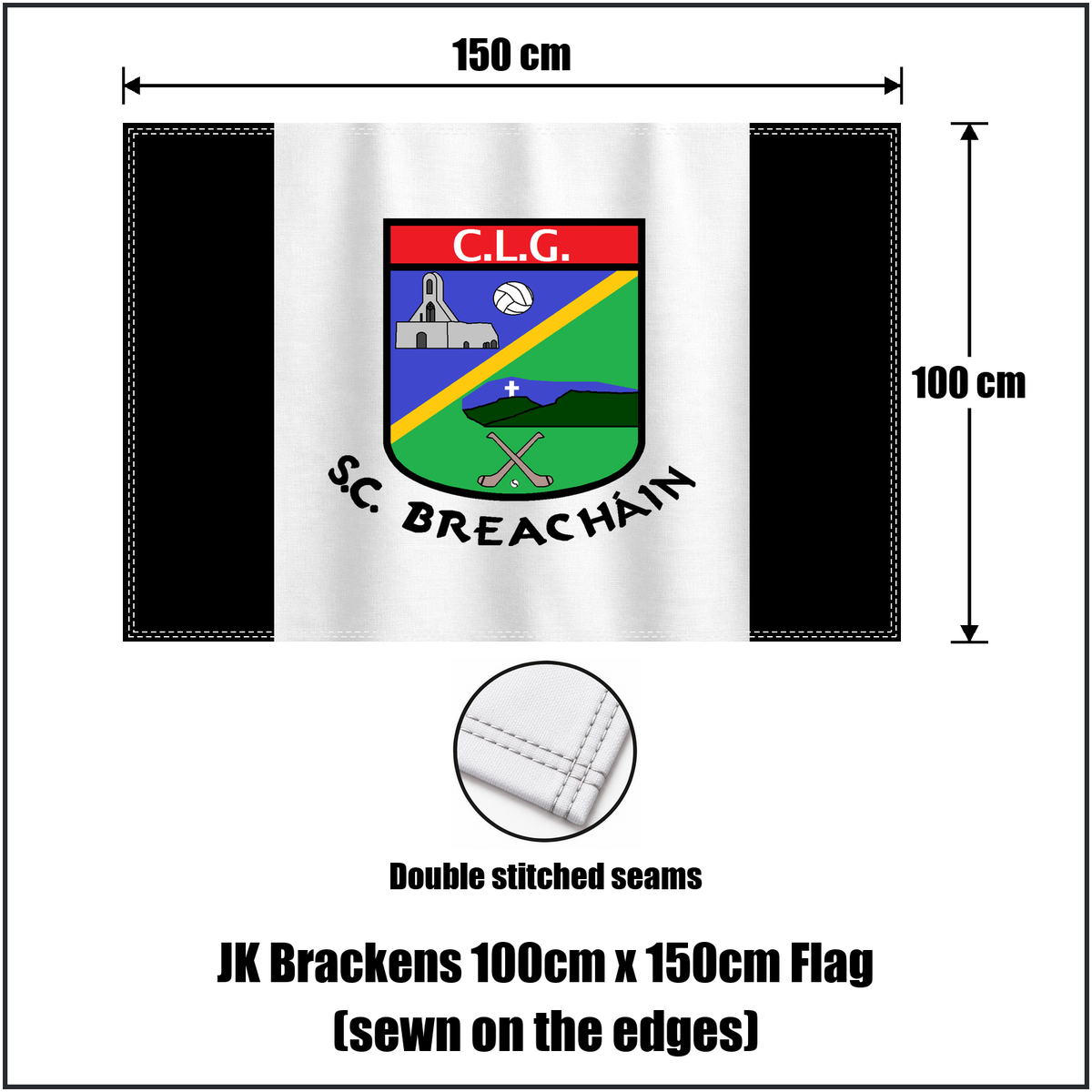 JK Brackens 100cm x 150cm Flag (sewn on the edges), featuring the club crest and black and white colours; County Tipperary GAA. ClubFlags.ie.