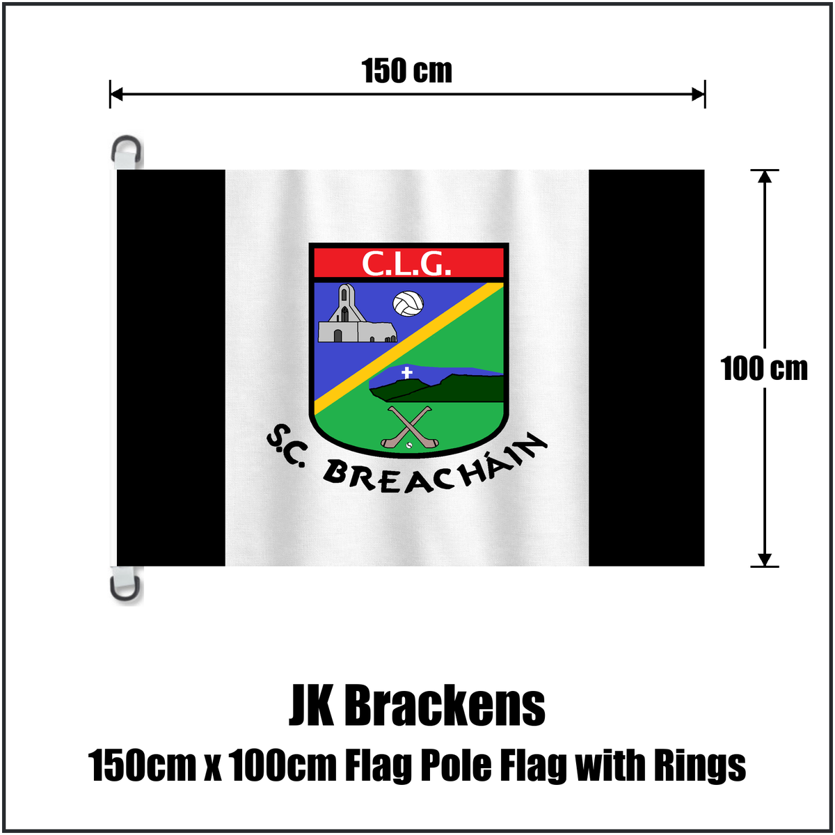 JK Brackens 150cm x 100cm Flag Pole Flag with Rings, featuring the club crest and black and white colours; County Tipperary GAA. ClubFlags.ie.