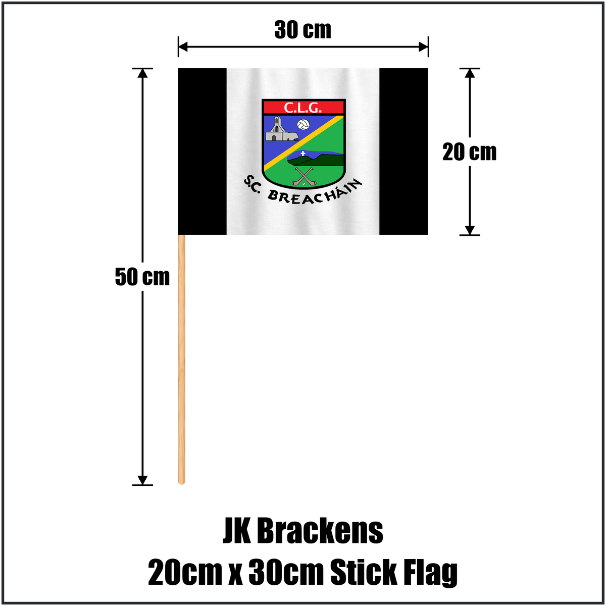 JK Brackens 20cm x 30cm Stick Flag, featuring the club crest and black and white colours; County Tipperary GAA. ClubFlags.ie.