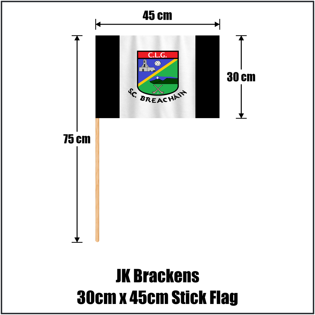 JK Brackens 30cm x 45cm Stick Flag, featuring the club crest and black and white colours; County Tipperary GAA. ClubFlags.ie.